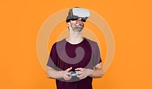 So real. game console using with VR headset. man with glasses of virtual reality. Future technology concept. guy getting