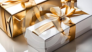 Real gold gift photo with gold ribbon, blank white background, Distinctive gift boxes, Gift box set
