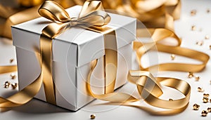 Real gold gift photo with gold ribbon, blank white background, Distinctive gift boxes, Gift box set