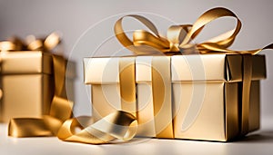 Real gold gift photo with gold ribbon, blank white background, Distinctive gift boxes, Gift box set