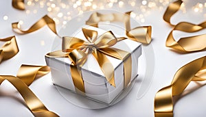 Real gold gift photo with gold ribbon, blank white background, Distinctive gift boxes, Gift box set