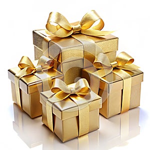 Real Gold Gift Photo with Gold Ribbon on White Background photo