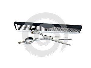 Real hairdressing tools. Set of scissors and combs for cutting hair