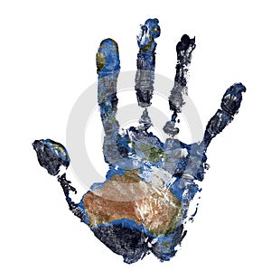 Real hand print combined with a map of Australia of our blue planet Earth. Elements of this image furnished by NASA