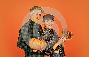 Real happiness. Harvest time concept. happy family of farmers. man and woman retro peaked hat. vintage couple hold