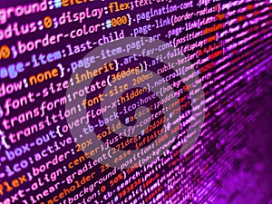 Real Html code developing screen. Close up of computer web page code inside of html file. Writing programming code on laptop. Hi-