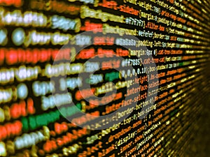 Real Html code developing screen. Software abstract background. Application web source code on monitor. Web abstract programming