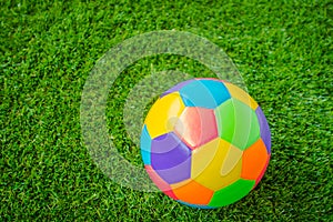 Real leather Colorful multi colour Soccer ball on green grass .