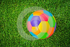 Real leather Colorful multi colour Soccer ball on green grass .