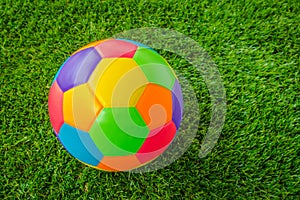 Real leather Colorful multi colour Soccer ball on green grass .