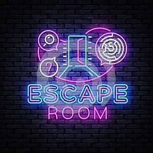 Real-life room escape neon sign vector. Quest game poster neon design temlate photo