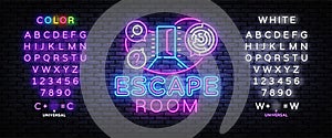 Real-life room escape neon sign vector. Quest game poster neon design temlate. Editing text neon sign