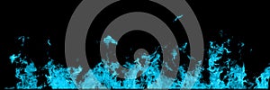 Real light blue line of fire flames isolated on black background. Mockup on black of wall of fire