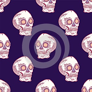 Real linocut hand made skull print. Seamless pattern. Vector psychedelic vintage style illustration for t-shirt, fabric, wrapping