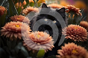 real Little black kitten sitting in flowers, AI generated