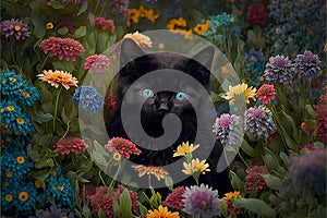 real Little black kitten sitting in flowers, AI generated