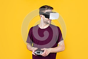 It is so real. man wearing virtual reality goggles. game console using with VR headset. man with glasses of virtual
