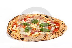 Real Neapolitan Italian pizza called margherita pizza just out of the oven in isolated in a white background