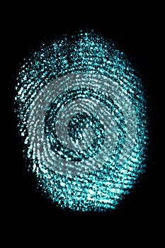 Real neon-blue fingerprint on black background, vertical image. Biometric id identification