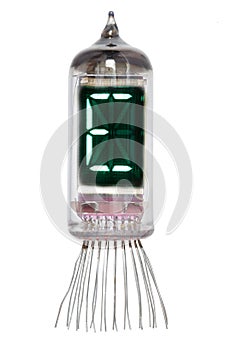 The real Nixie tube indicator of the alphabet of retro style, isolated on white background. Display with green backlight. Letter E