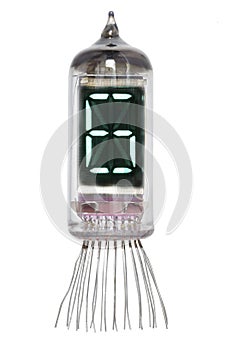 The real Nixie tube indicator of the numbers of retro style, isolated on white background. Display with green backlight. Digit 6