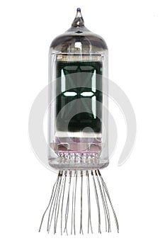 The real Nixie tube indicator of the numbers of retro style, isolated on white background. Display with green backlight. Digit 4