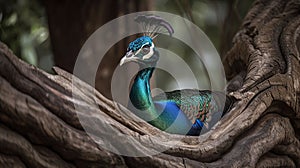 A real peacock sitting on a tree with an open feathers, generative ai photo