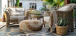 Real photo of an armchair, pouf as a table and wicker couch on a terrace. Generative AI