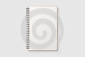 Real photo, blank spiral bound notepad mockup template with Kraft Paper cover, isolated on light grey background.