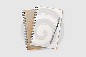 Real photo, blank spiral bound notepad mockup template with Kraft Paper cover, isolated on light grey background.