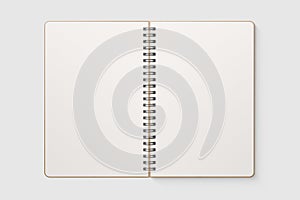 Real photo, blank spiral bound notepad mockup template with Kraft Paper cover, isolated on light grey background.