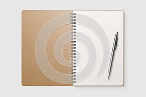 Real photo, blank spiral bound notepad mockup template with Kraft Paper cover, isolated on light grey background.