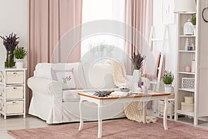 Real photo of bright provencal sitting room interior with white sofa, wooden coffee table on dirty pink carpet, rack with decor an