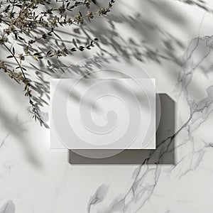 Real photo, business cards branding mockup template, isolated on light grey background, with marble and floral elements