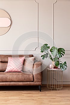 Real photo of end table with decor and fresh plant placed next to leather sofa with pink cushions in light grey living room interi