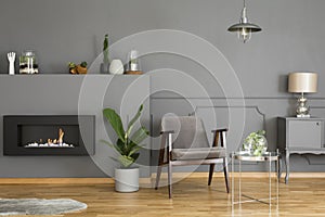 Real photo of a grey armchair standing in a modern, simple living room interior between a bio fireplace and plant, and table with