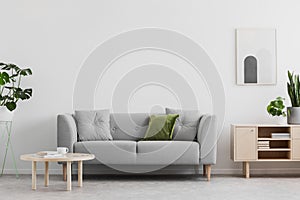 Real photo of grey lounge with green cushion, wooden coffee table, simple poster on the wall and cupboard with books in bright sit