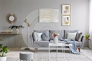 Real photo of a grey sofa with cushions and blanket standing in