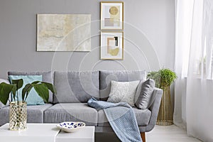 Real photo of a grey sofa standing in a stylish living room interior behind a white table with leaves and in front of a grey wall