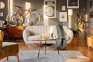 Real photo of a living room interior with beige couch with blank