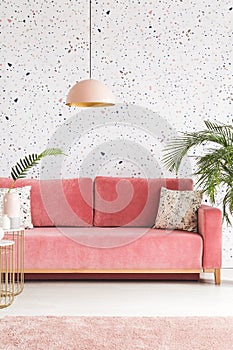 Real photo of a pink sofa with pillows, chandelier and patterned