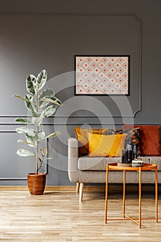 Real photo of poster with geometric pattern hanging on the wall