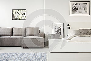 Real photo of a simple, open space flat interior with sleeping a