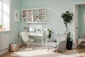 Real photo of a spacious, pastel office interior with mint cupboard standing against white wall with copy space next to an armchai