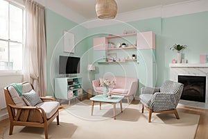 Real photo of a spacious, pastel office interior with mint cupboard standing against white wall with copy space next to an armchai