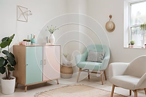 Real photo of a spacious, pastel office interior with mint cupboard standing against white wall with copy space next to an armchai