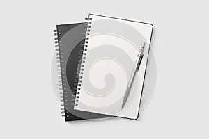 Real photo, spiral bound notepad mockup template with black paper cover, isolated on light grey background.