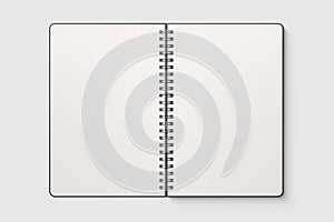 Real photo, spiral bound notepad mockup template with black paper cover, isolated on light grey background.