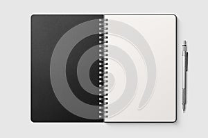 Real photo, spiral bound notepad mockup template with black paper cover, isolated on light grey background.