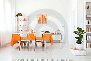 Stylish but simple dining room in vivid color. Orange and white interior design concept